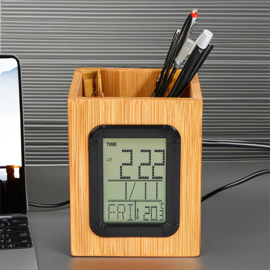 Creative Bamboo LCD Voice Control Home Living Room Study Pure Bamboo Large Screen Digital Display Pen Table Alarm Clock
