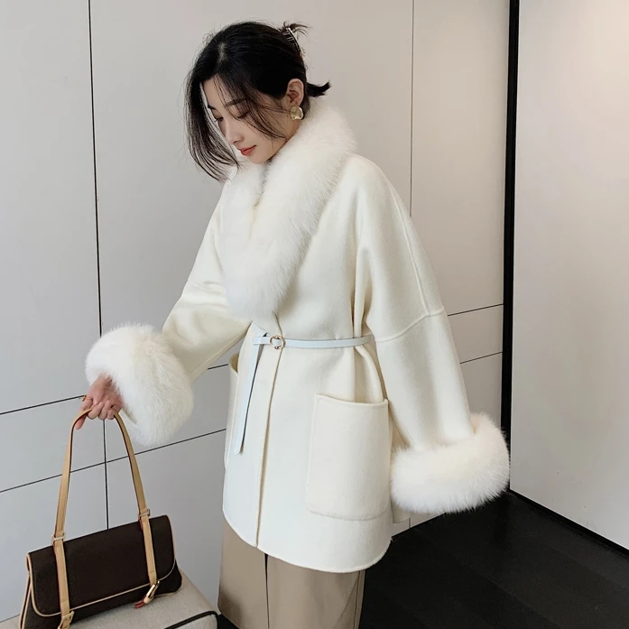 Winter Cashmere Fur Coat Plus Size Wool Coats for Women Real Fox Fur Collar Belt Fluffy Jacket