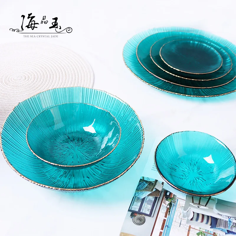 Japanese Style Fireworks Bowl and Dish Set for Home Use Colorful Glass Bowl Fruit Plate Dessert Transparent Tableware