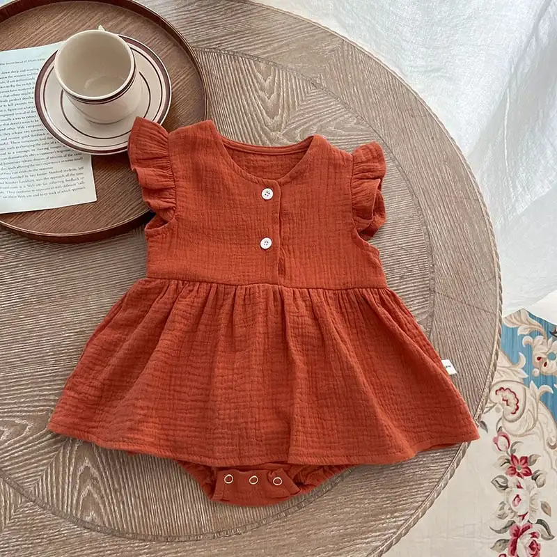 Summer baby girls flying sleeve suspenders stretch button pure color crepe frilly dress romper kids bodysuit