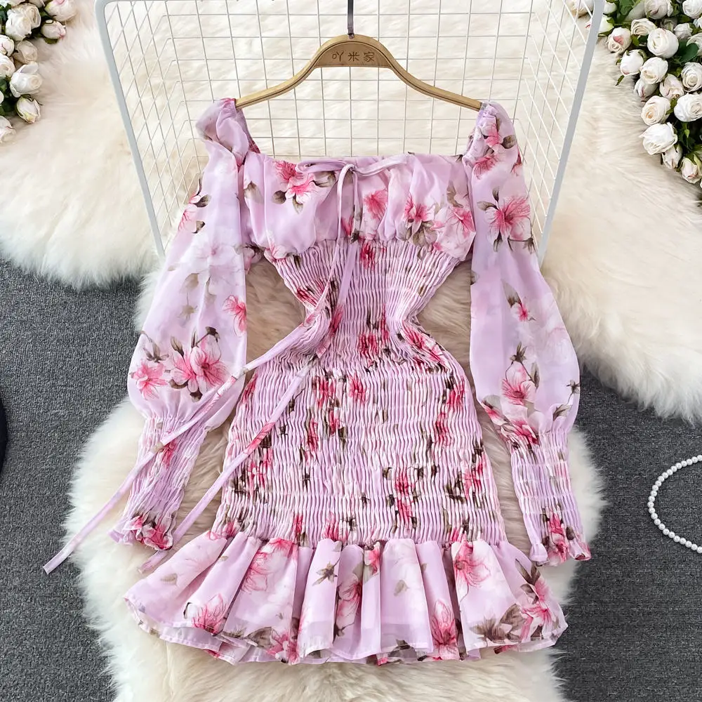 Floral Dress Women 2021 Summer Elegant Ribbon Ruffled Sleeves Pleated V-neck Slim Long Chiffon Dresses Stock
