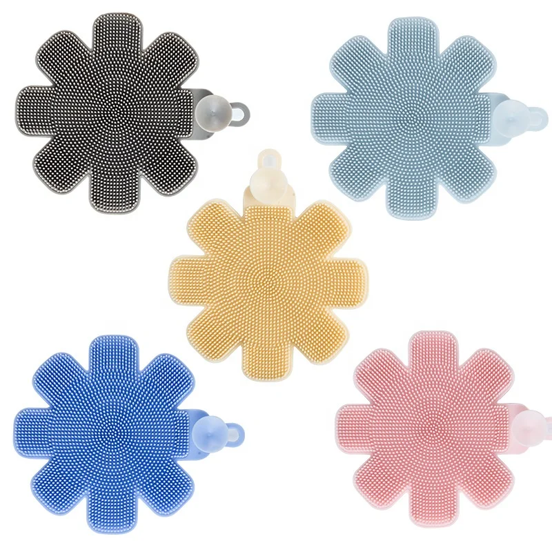 Reusable Wholesale Sponge Silicone Washing Sponge Kitchen Scrubber Flower Shape Cleaning Brush with Suction Cup Household Gadget