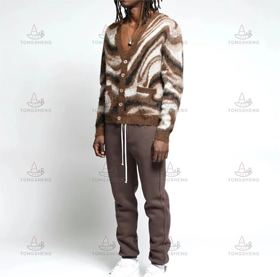 2024 Manufacturer Intarsia Knitted Sueter De Knitwear Custom Fuzzy Jacquard Spectrum Swirl Mohair Sweater Cardigan For Men