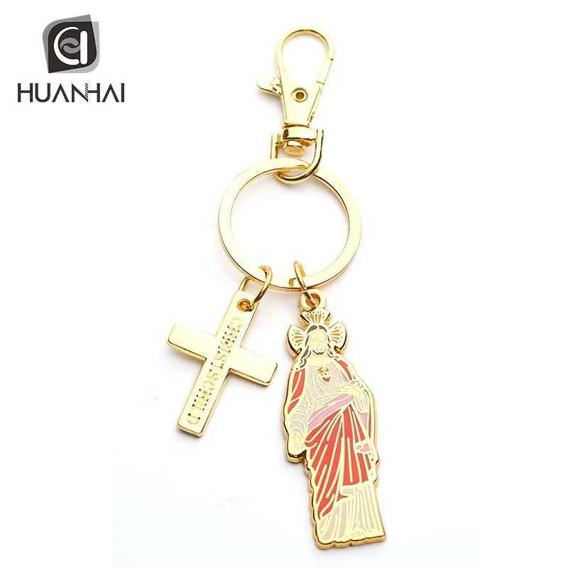 customize similar design gold plated metal hard enamel jesus cross keychain