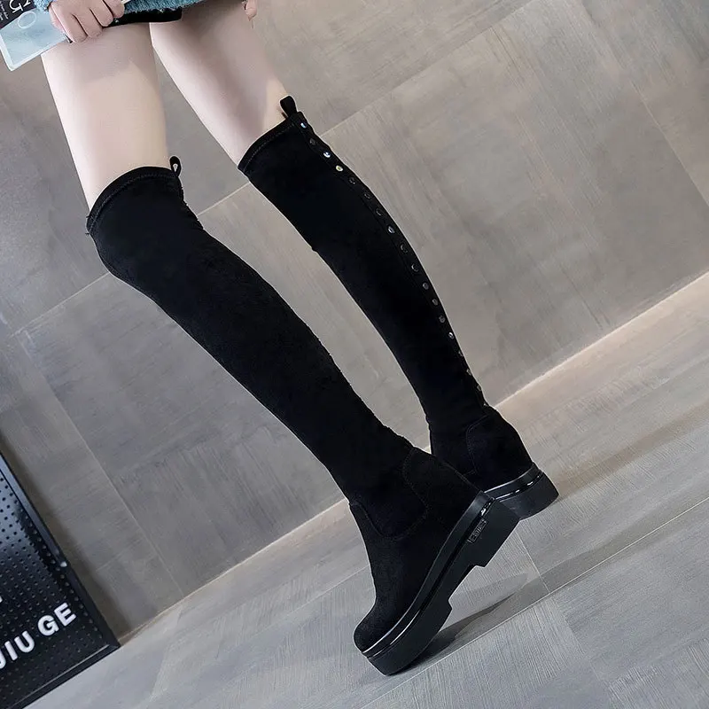 Высокое качество изготовленный на заказ логотип для женщин закругленный носок внутренняя повышение с высоким голенищем Женские ботинки не сужающемся к низу массивном каблуке Сапоги выше колена закругленным носком женская обувь