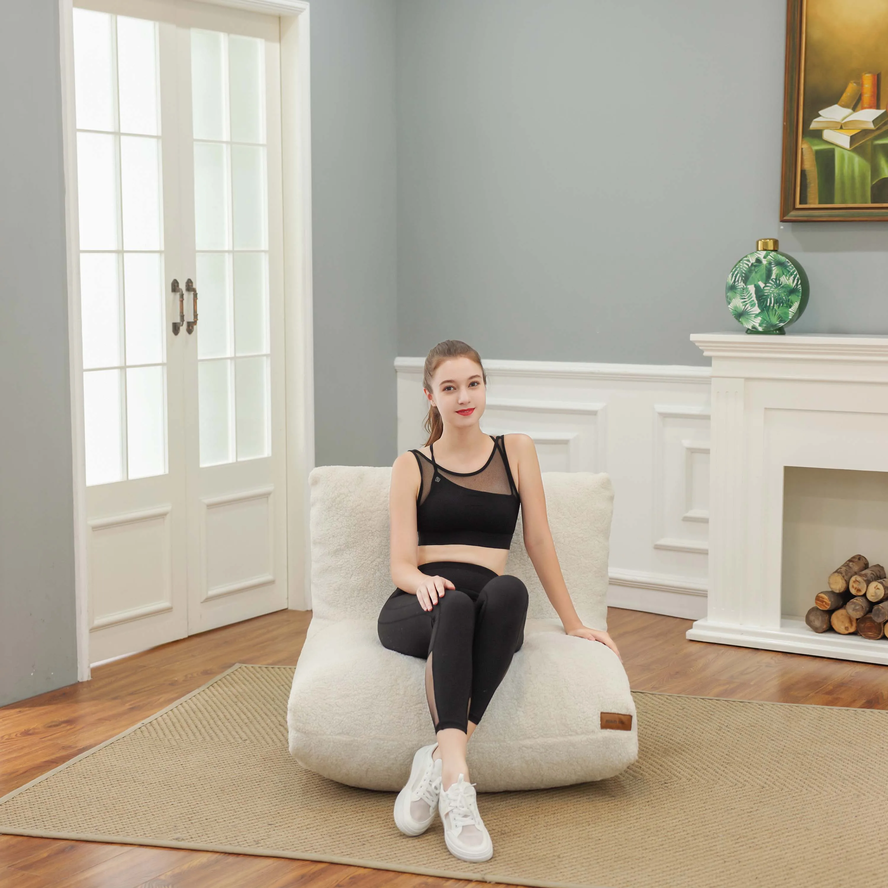 Japanese Style Tatami Living Room Bean Bag Sofa Soft Skin-friendly White Sherpa Fabric Bean Bag Chair with Strong Back Rest