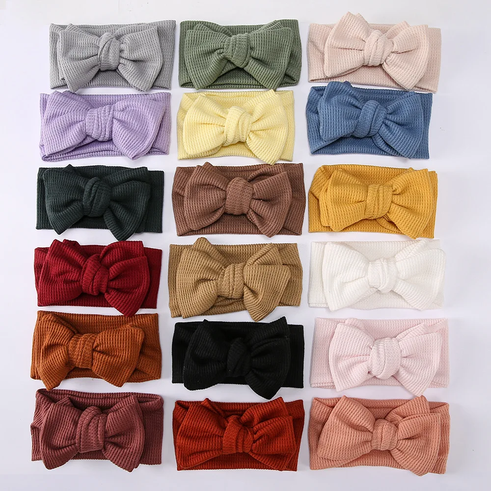 2024 New Infant Toddlers Hair Accessories Double Layer Bandana Headwrap Solid Waffle Knit Big Bow Baby Turban Headband