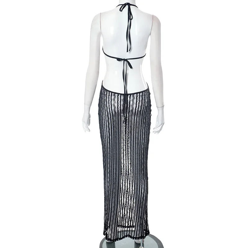 Hot selling summer 2023 backless mesh see through bodycon sleeveless maxi dresses women