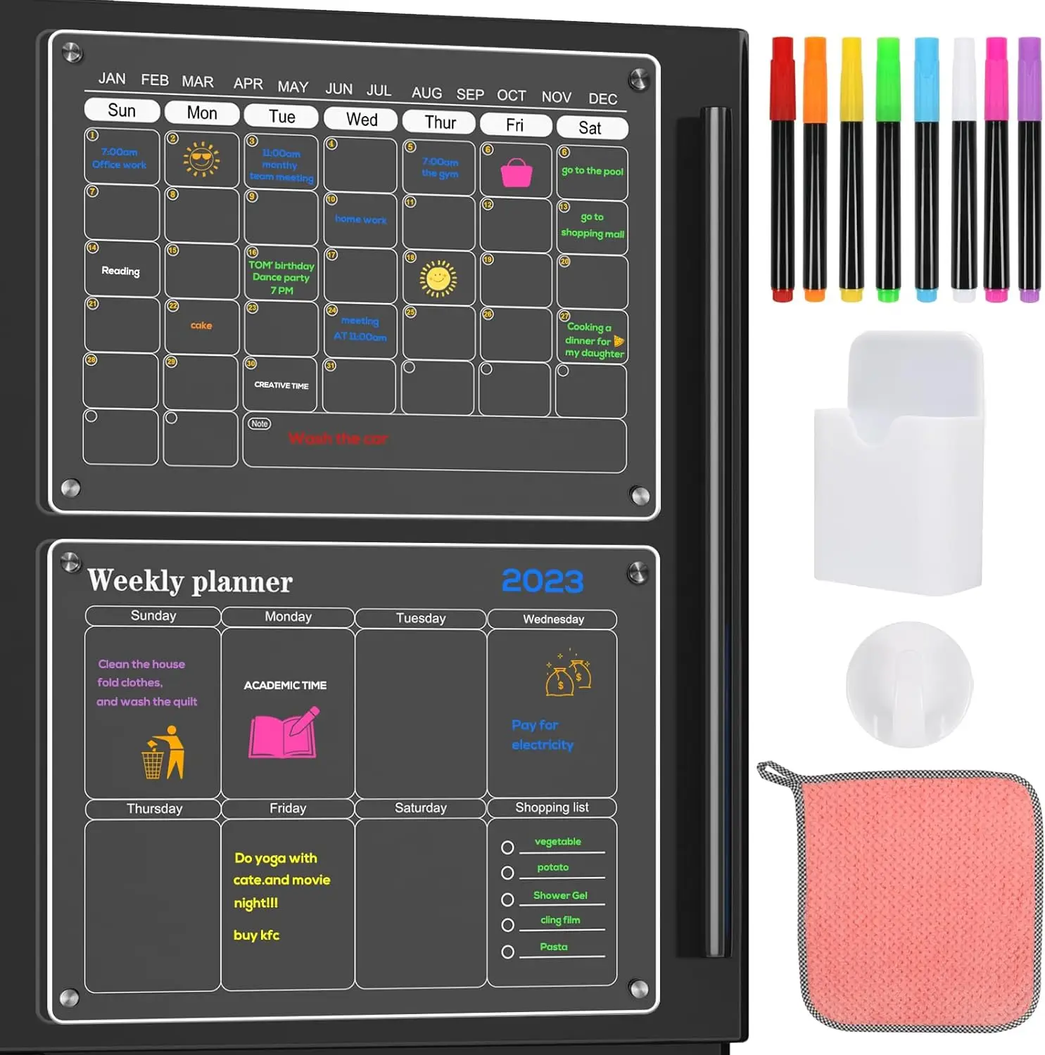 Acrylic Magnetic Menu Board for Fridge, Reusable Weekly Planner, Erasable Memo Whiteboard and Dry Erase Kitchen Board(2 Pack)