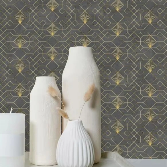 MyWow New Arrival Luxury Golden Line Dark Diamond texture 3D Design Metallic Ready Stock High Textured 3D PVC Wallpaper