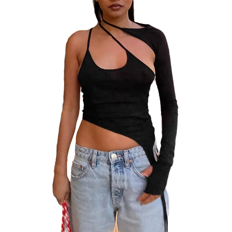 Wholesale Gothic Clothing Y2k Tops Women Long Sleeve Shirt One Shoulder Cami Fashion 2021 Cut Out Halter Crop Top