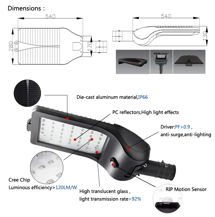 Low energy consumption powerful long time lighting waterproof aluminum alloy 100w led light street lamp
