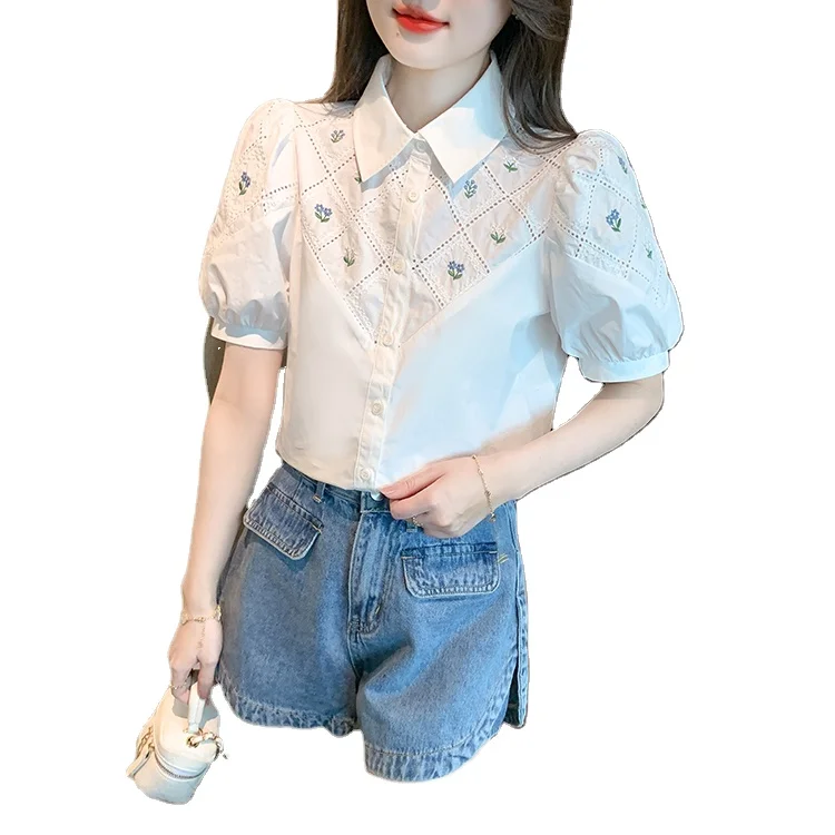 H Han Queen Summer White Embroidery Office Blusas Vintage Tops Chiffon Blouses Women Simple Short Sleeve Work Casual Shirts