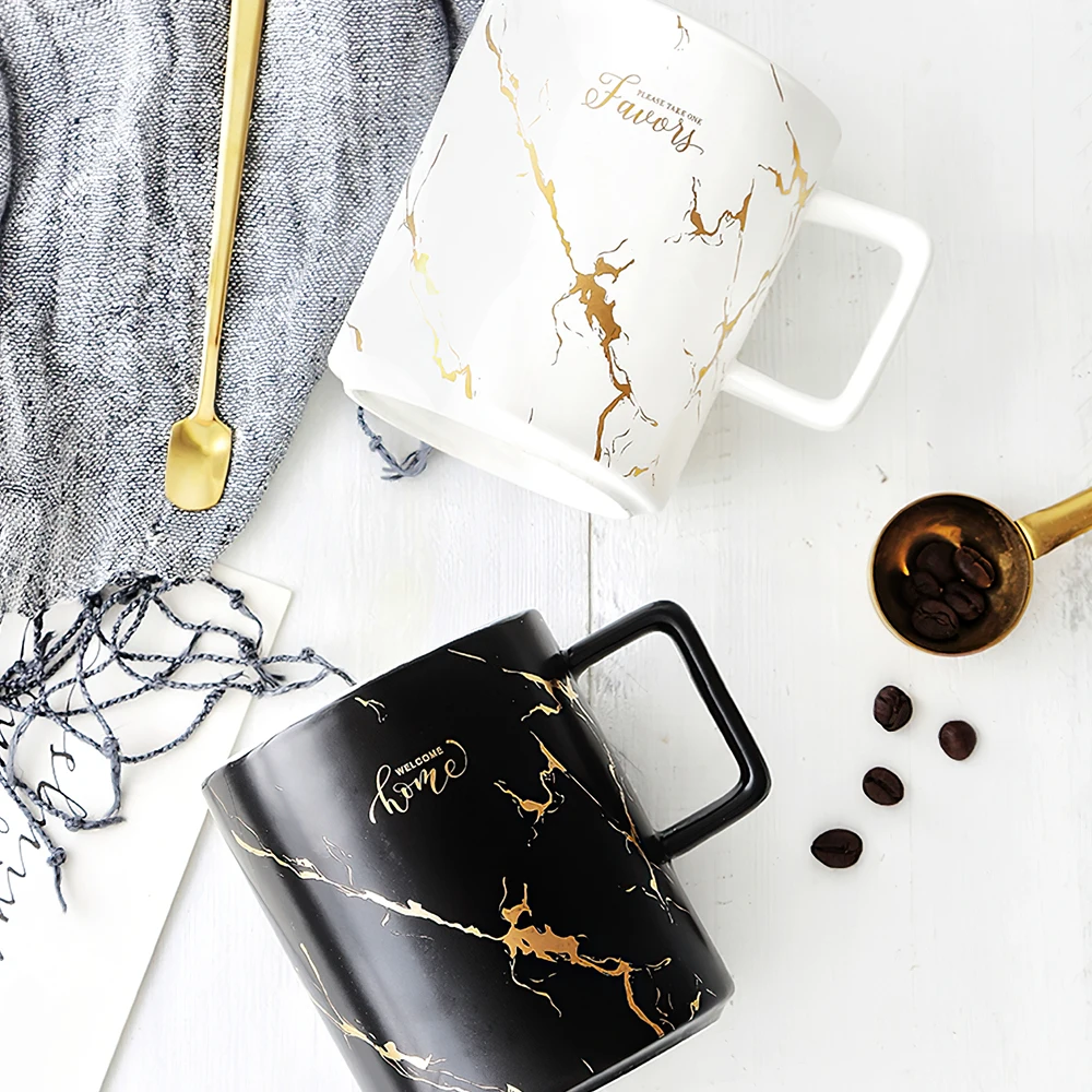  High quality Ceramic Black and white with gold pattern Coffee Mugs