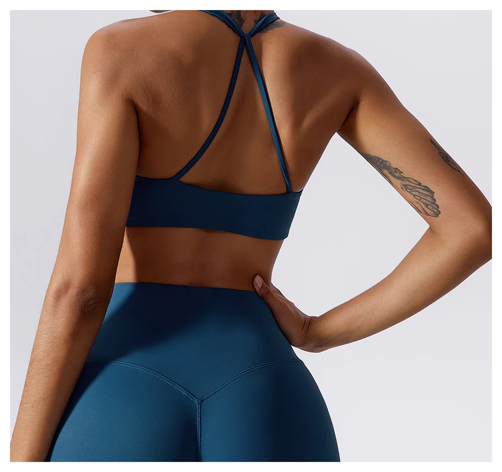 Summer 2023 Backless Women Sports Bra Cross Back Gym Activewear Twist Front Crop Top Fitness Thin Strap Sports Bra