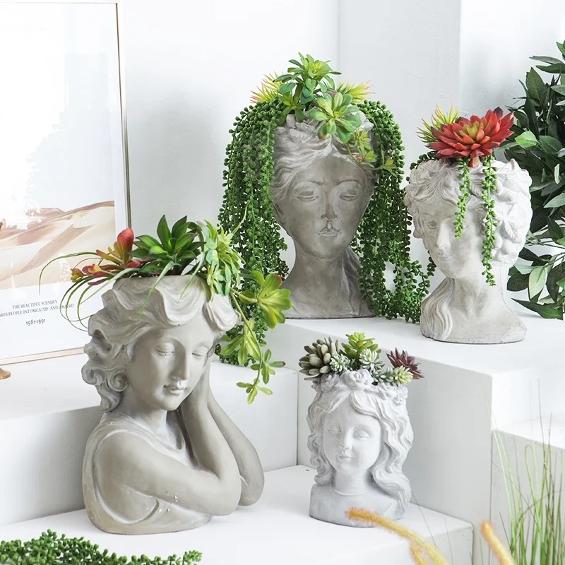 Wholesale Home Garden Retro Style Human Face Flowerpot Antique Design Handicarfs Plant Polyresin Figurines Bonsia For Sale