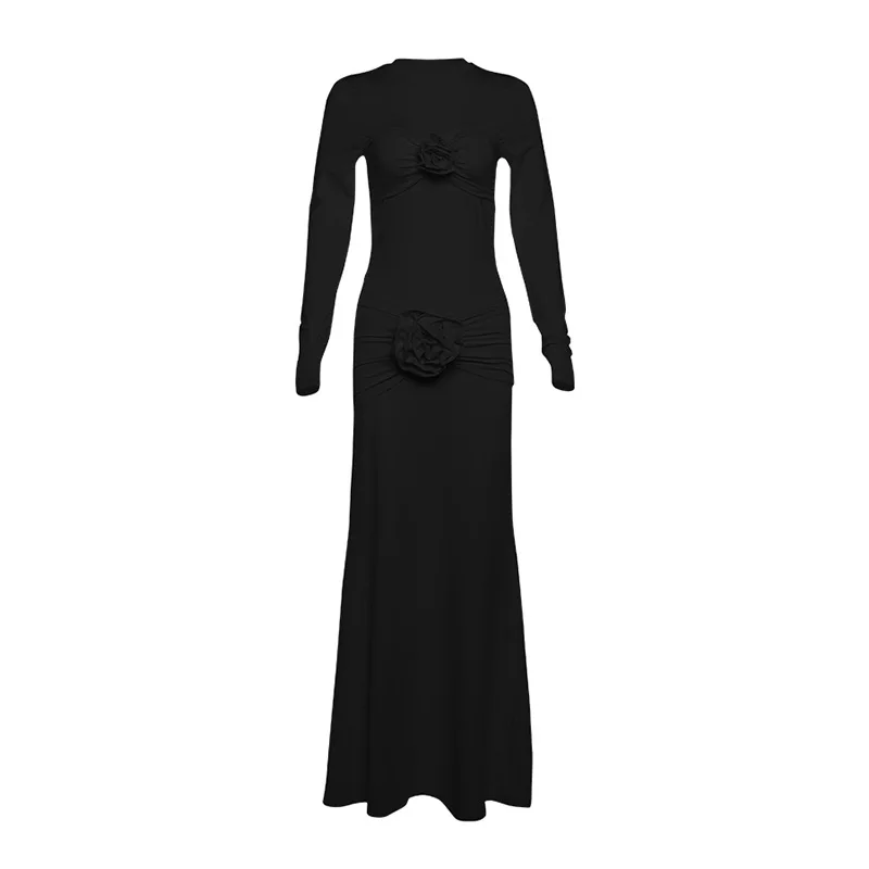 2024 Autumn and winter new sexy tight round neck long dress with pleated floral temperament dress