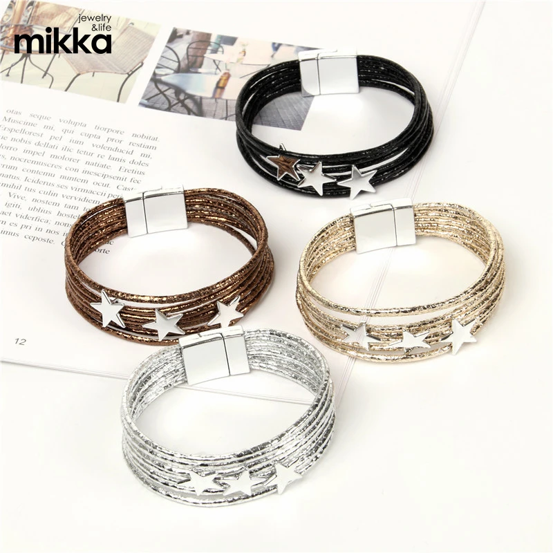 Multiple Layer Star Charms PU Leather Handmade Magnetic Clasp Bracelet for Women Jewelry Gift