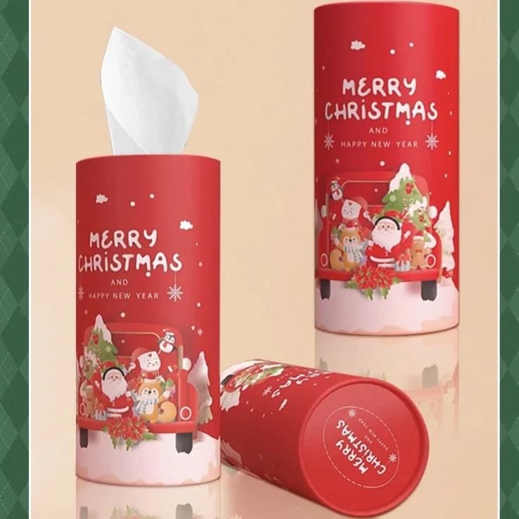 Christmas limit Best Selling cylinder tissue boxes for car 3Ply raw wood pulp paper tube car facial tissue with custom