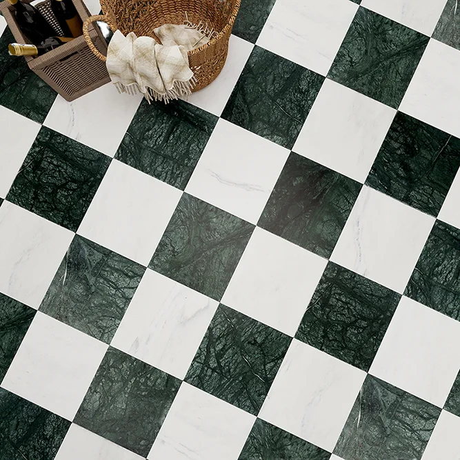 Verde Reale Modern Design Marble Tumbled Floor Tile 4 x 4 Inch for Dining Kitchen Bathroom Living Room Bedroom Applications