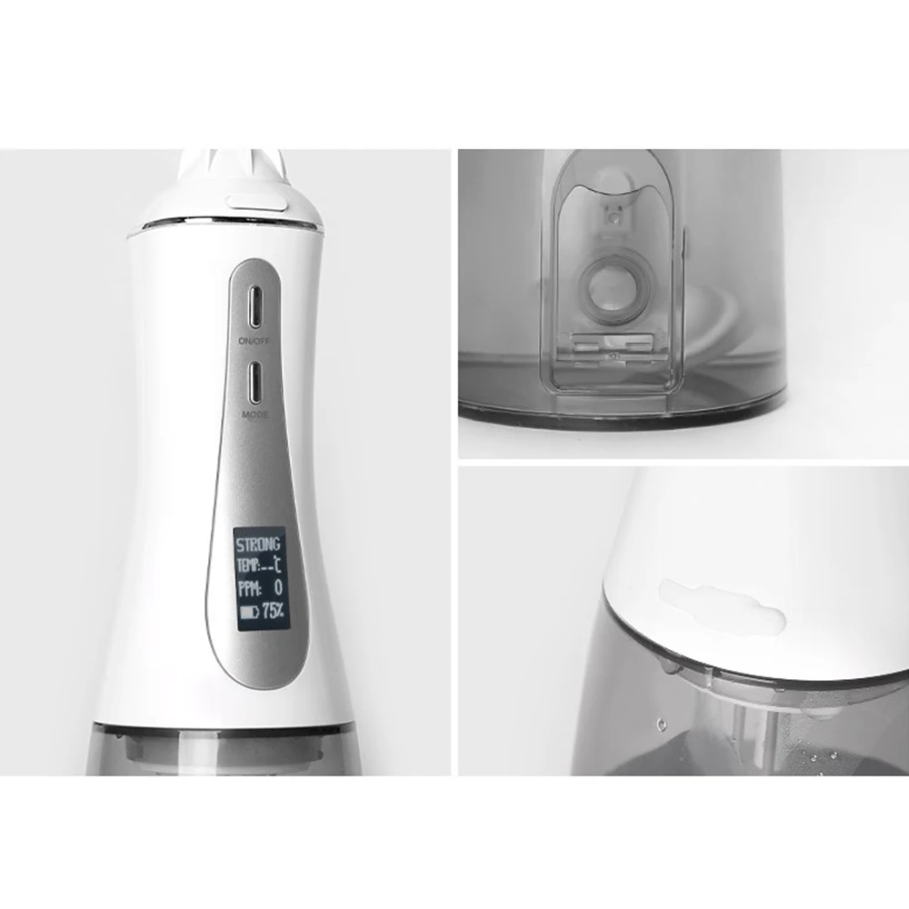 Capacity Rechargeable Dental Hygeine Oral Care Irrigator Water Flosser Teeth Cleaning OLED Display 350ml Portable 30-120 PSI Usb