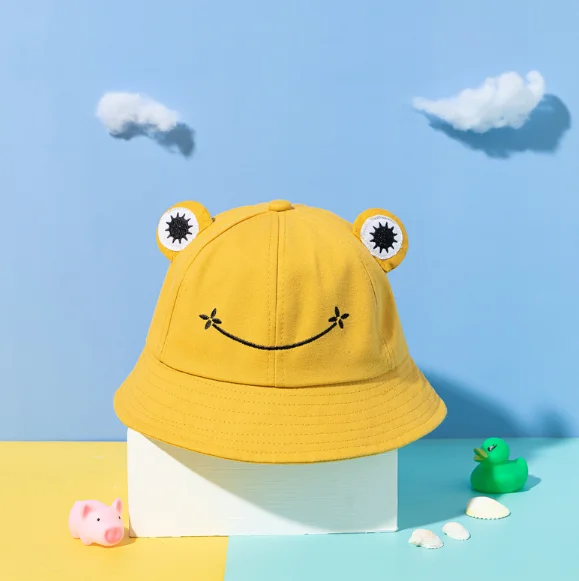 Spring summer cute frog embroidery foldable  cotton woman man bucket hat for outdoor sun  fishing  hiking