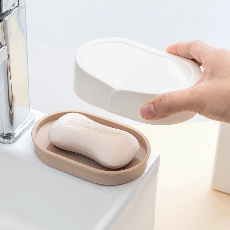 Wholesale cheap hotel bathroom double layer PP soap storage holder base drain tray soap dish case plastic soap box with lid