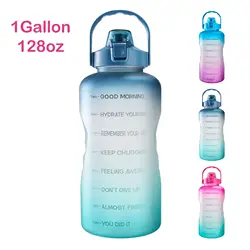 1 Gallon/128oz Large Motivational BPA Free Sport GYM Plastic Water Bottle with Time Marker & Straw