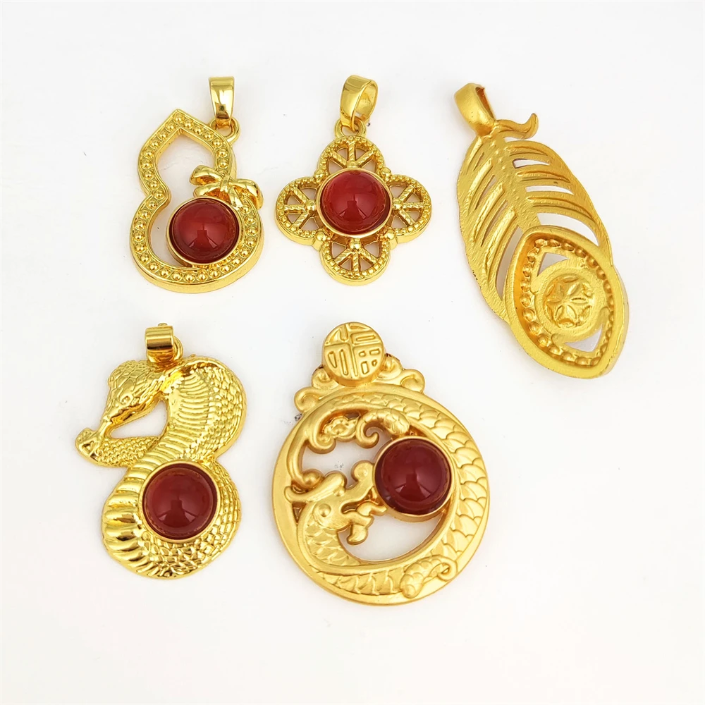 Ancient Gold Plated Copper Pendants Chinese Loong Red Jade Pendants Precious Stone Natural Carnelian Feather Gourd Amulet Charms