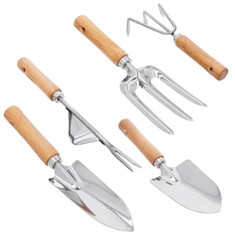 5 Piece stainless steel Garden hand Tool Set kit with wood handle gardening tools and equipment garden shovel weeder trowel