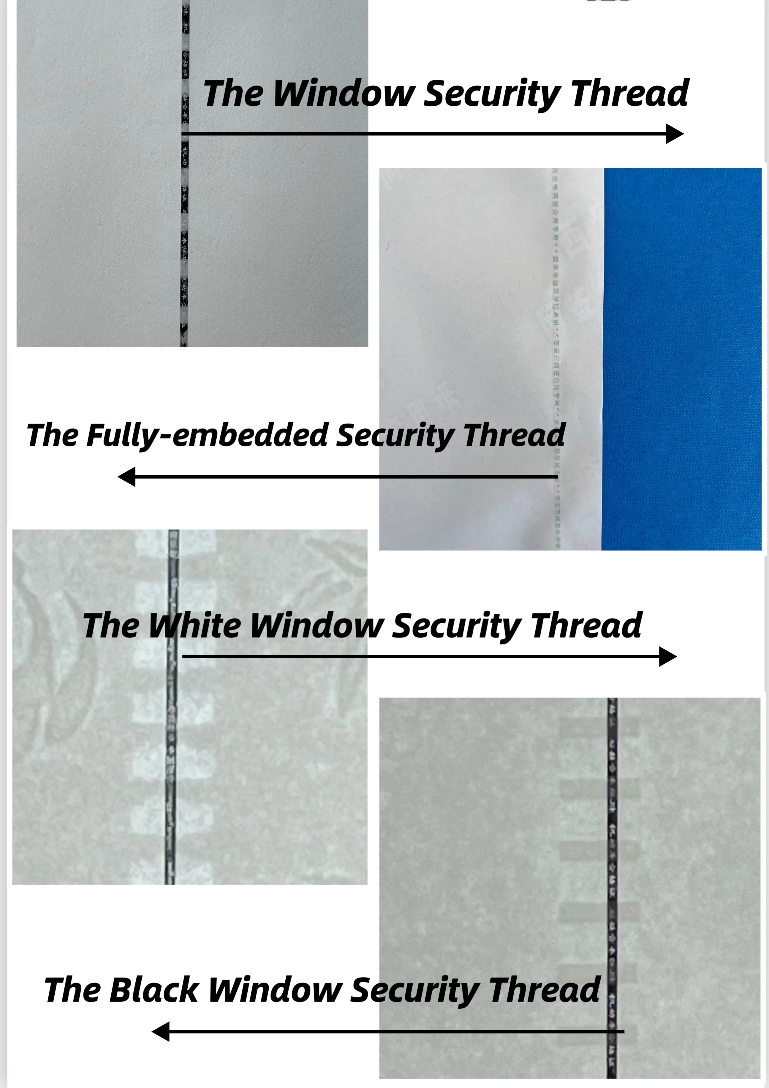 Custom Central Window Security Thread Paper with Visible Fibers and Invisible Dotted Line Fibers for Security Document Cheque