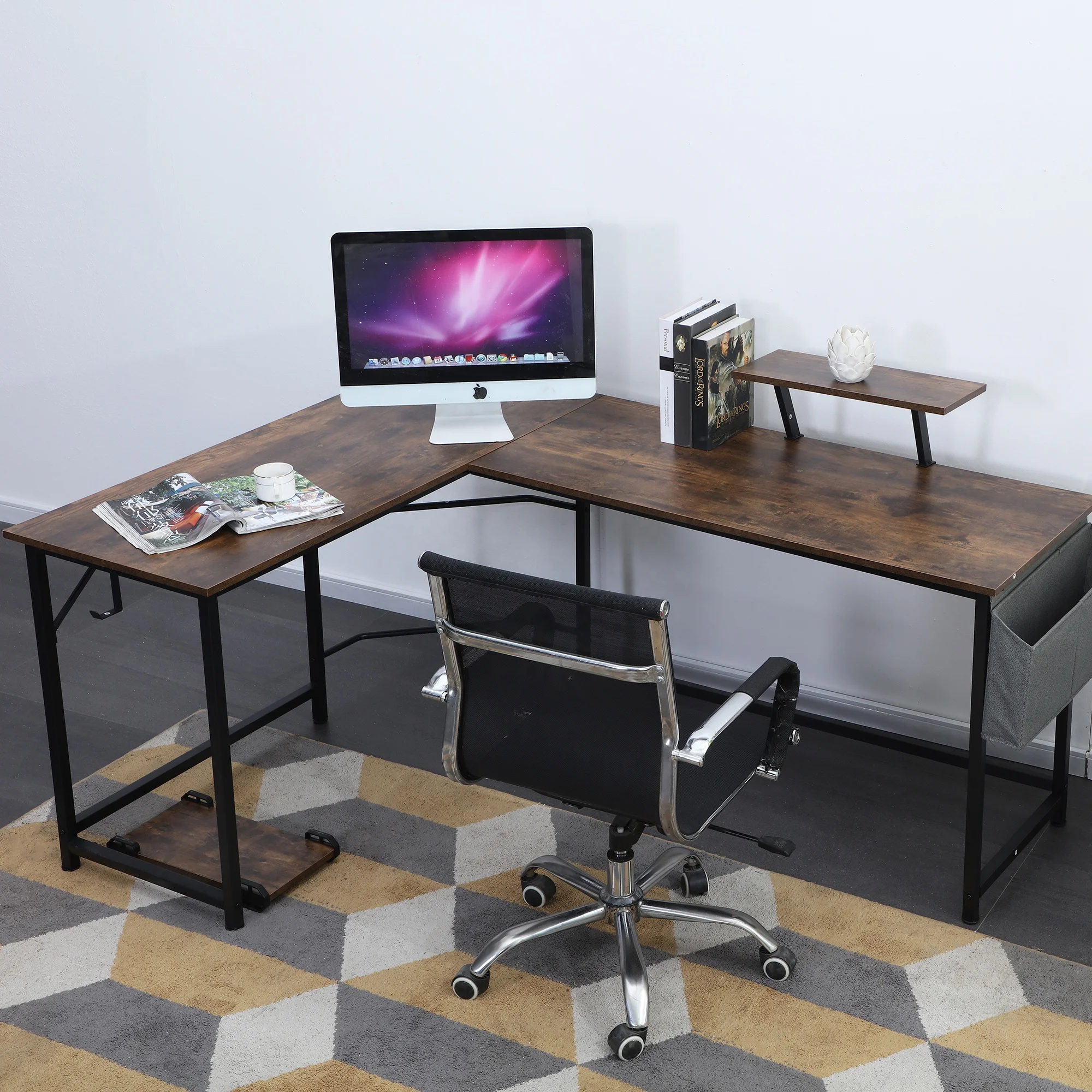 Commercial Furniture Space Saving Design L-shaped Black Desk Workstation Computer Table