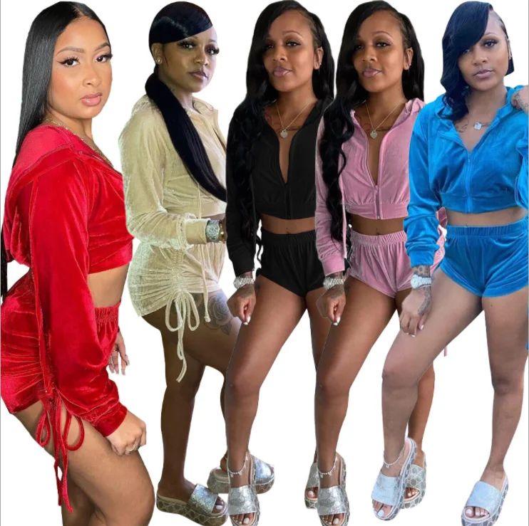 
Full Sleeve Crop Tops velvet Two Piece Shorts Ruched Sets 2020 Autumn velvet Outfits hooded Sets women fall 2 piece sets 