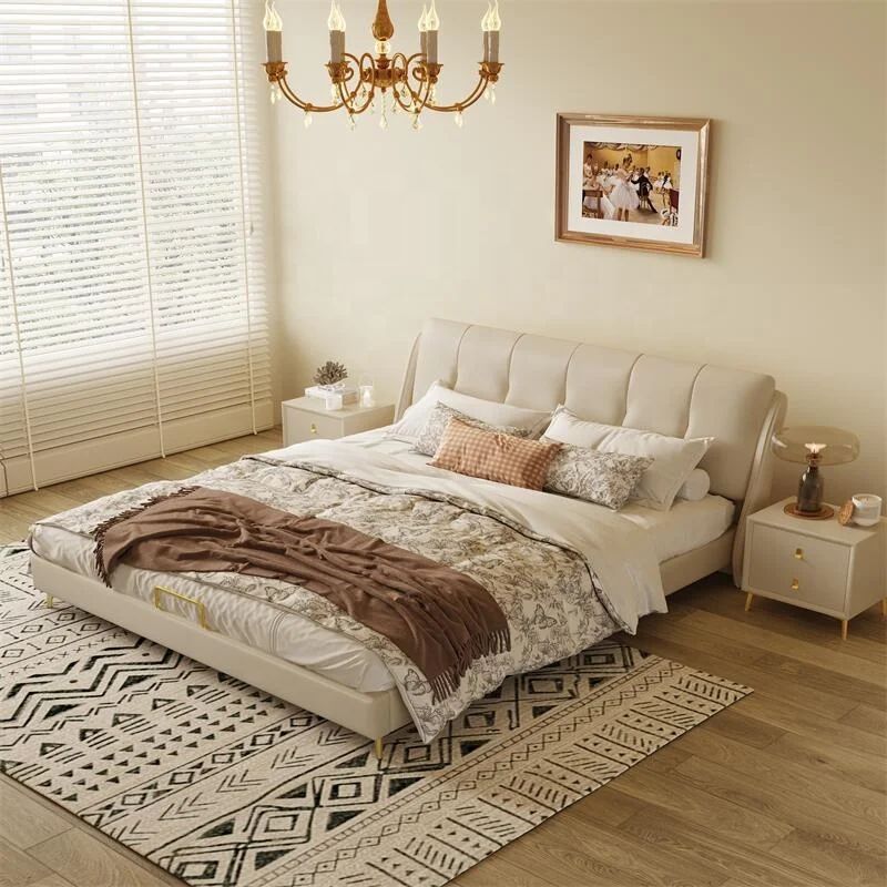 New luxury bedroom furniture Solid wood frame genuine leather bed gas lift storage drawer king size double bed