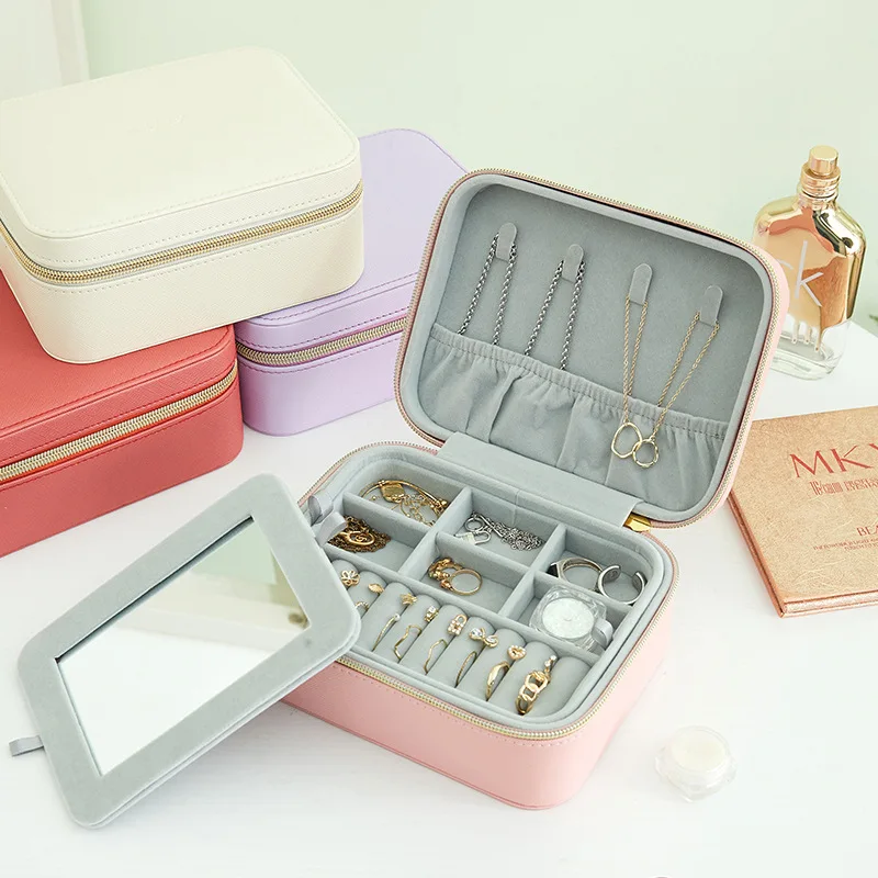 2 Layer Travel Women Jewelry Case Boxes Leather Jewelry Storage Box With Mirror