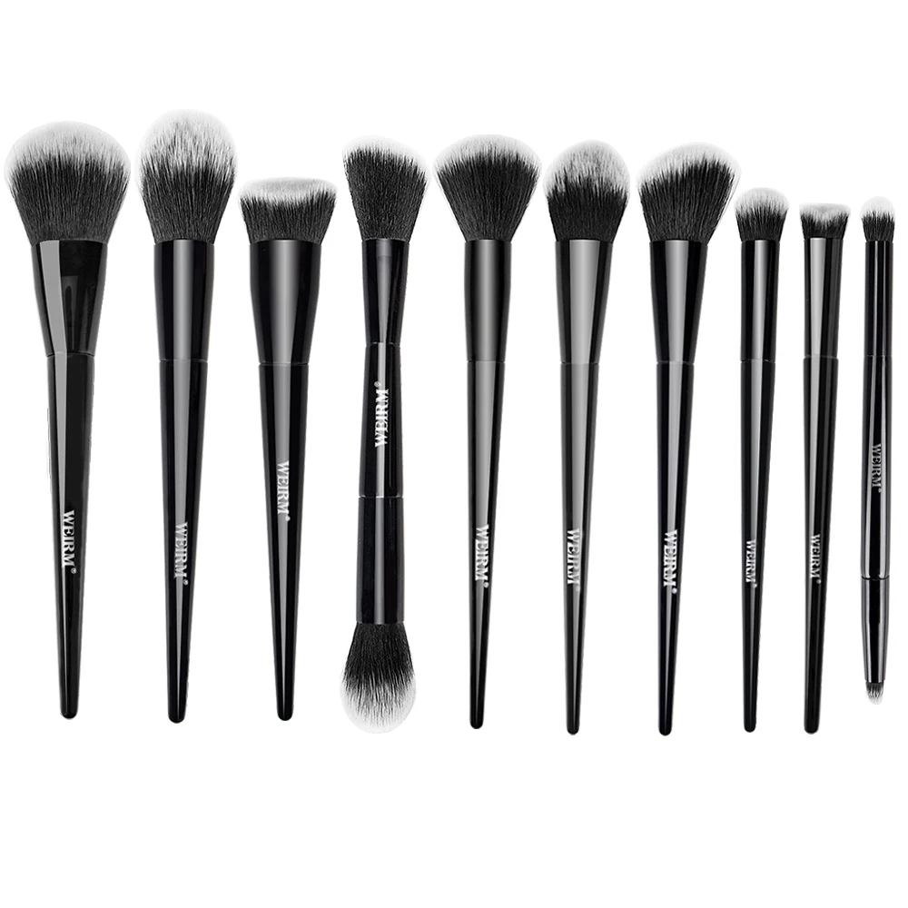 WEIRM 10 pieces custom logo vegan synthetic hair black makeup brush set private label makeup brushes with Sponge brush cleaner