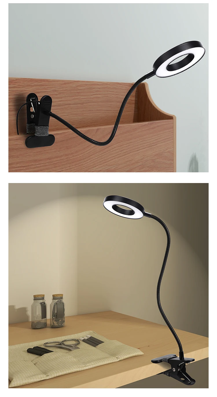 Nail beauty salon black color metal clip clamp 5 watt led table lamp 3 lighting modes desk lamp