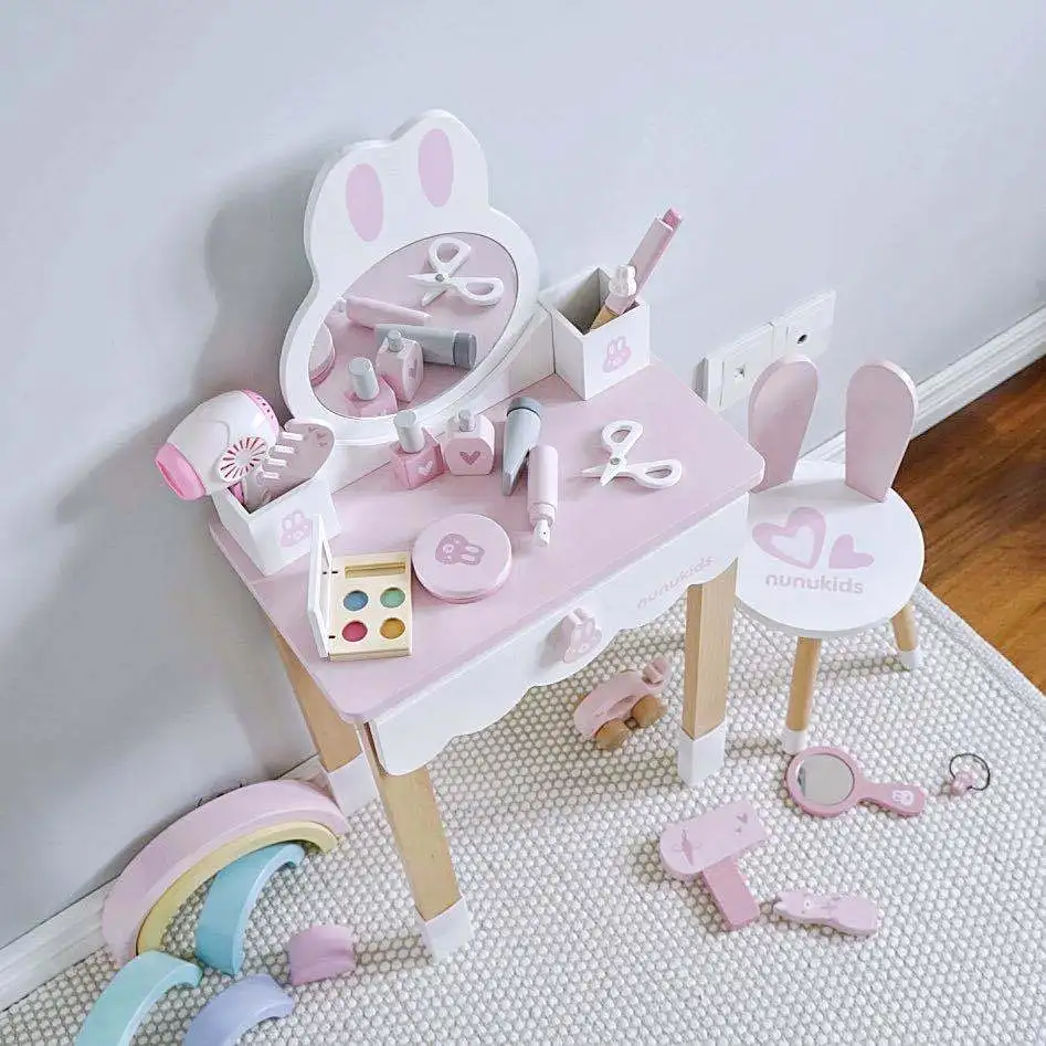 Kids Simulation Wooden Pretend Play Make Up Game Girls Dressing Table Toys