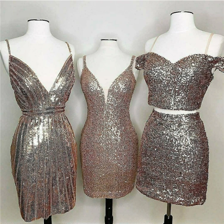 Sexy sheath sequin knee length v neck sparkly prom homecoming dress for party