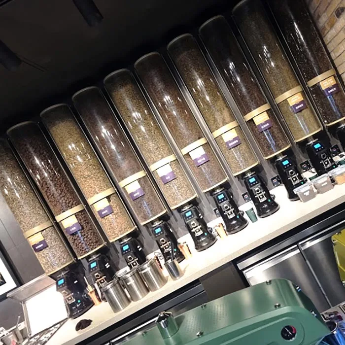 Big Coffee Bean Dispenser And Storage Hopper Wall Mounted Coffee Bean Silos For Coffee And Tea Shop Display With Grinder