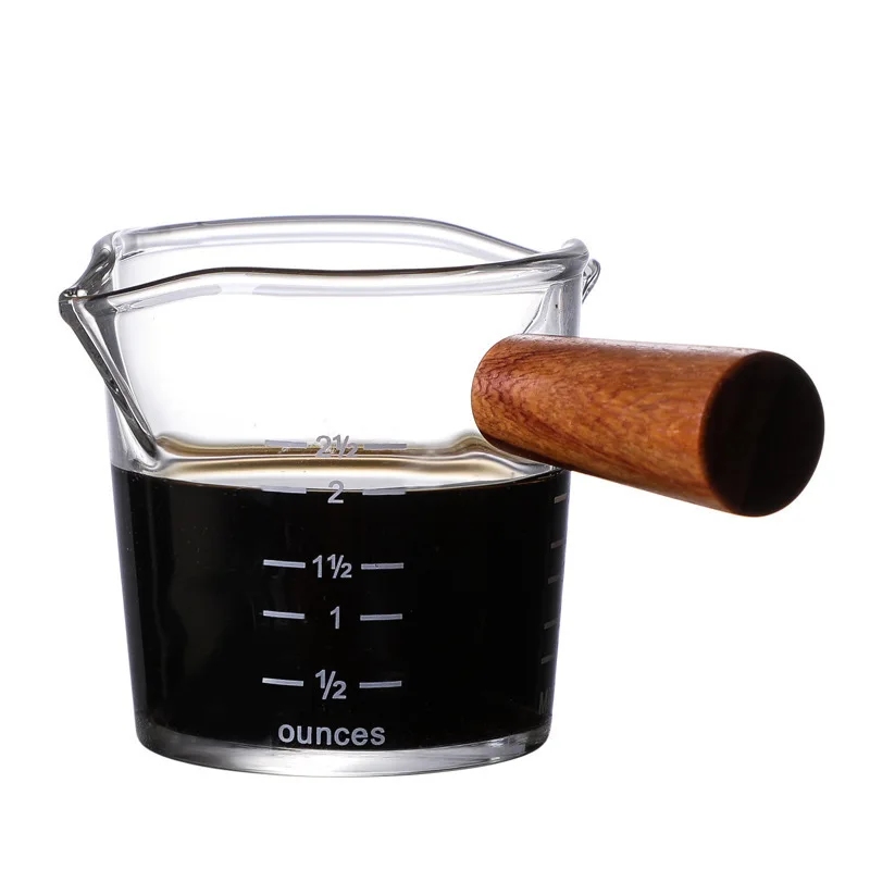Italian Coffee Measuring Cup 75ML Insulated Glass with Double Spouts Wood Handle Triple Pitcher for Kitchen Use Packed in Box