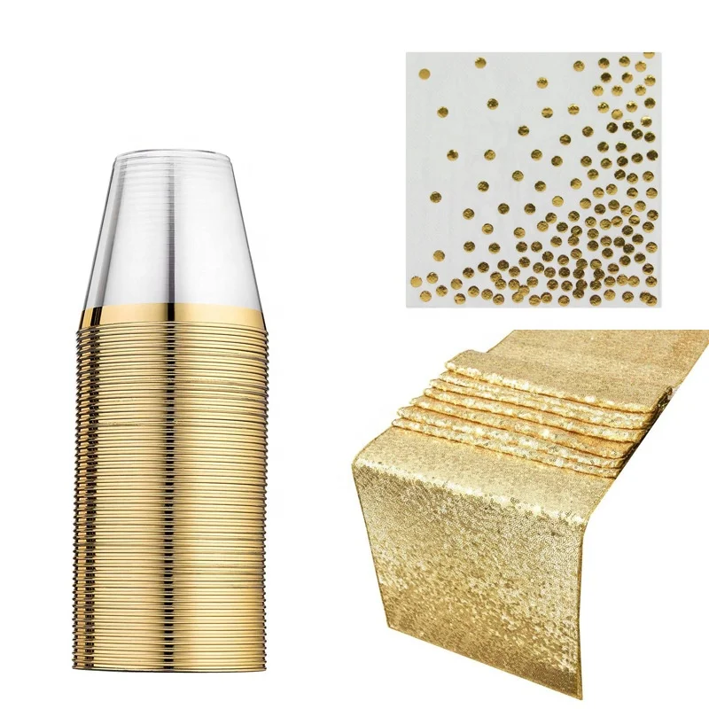 2021 Eco-friendly Home Garden 9oz Disposable Tablecloth Rose Gold Lace Tableware Sets Gold Disposable Plastic Cups