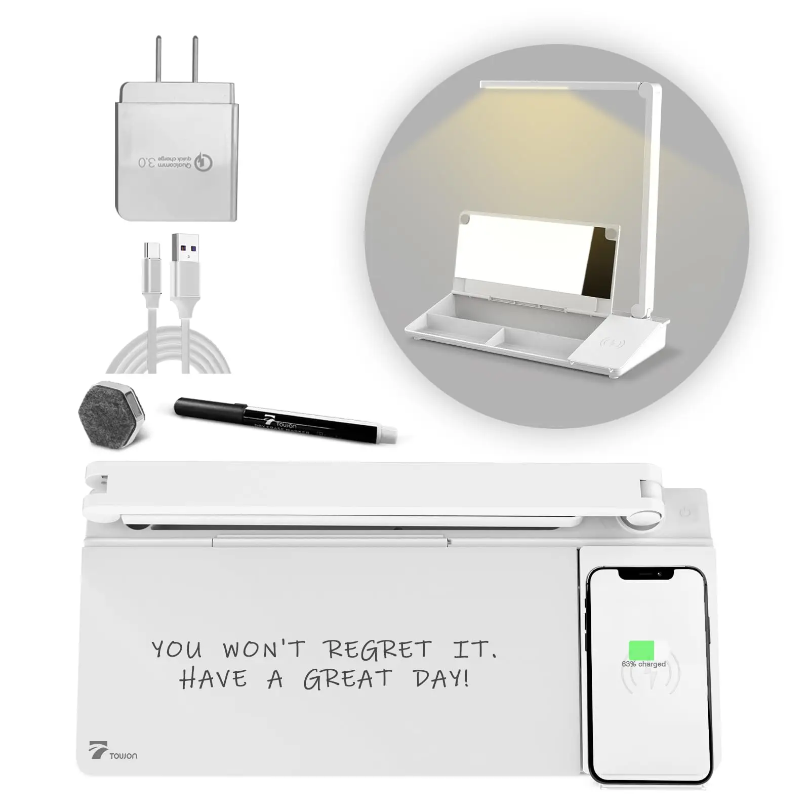 Desk Whiteboard with Wireless Charger Charging Station, Desk Board Buddy with Adjustable Foldable Desk Lamp