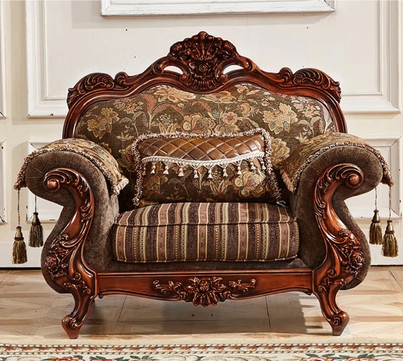 Luxurious European Fabric Sofa Villa Living Room Furniture Solid Wood Carving American Sofa Couch Combination Furniture