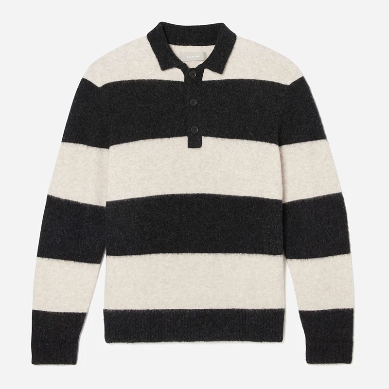 Wholesale custom winter men black and white striped long sleeve polo shirts Stretch Wool Rugby polo neck button Sweater