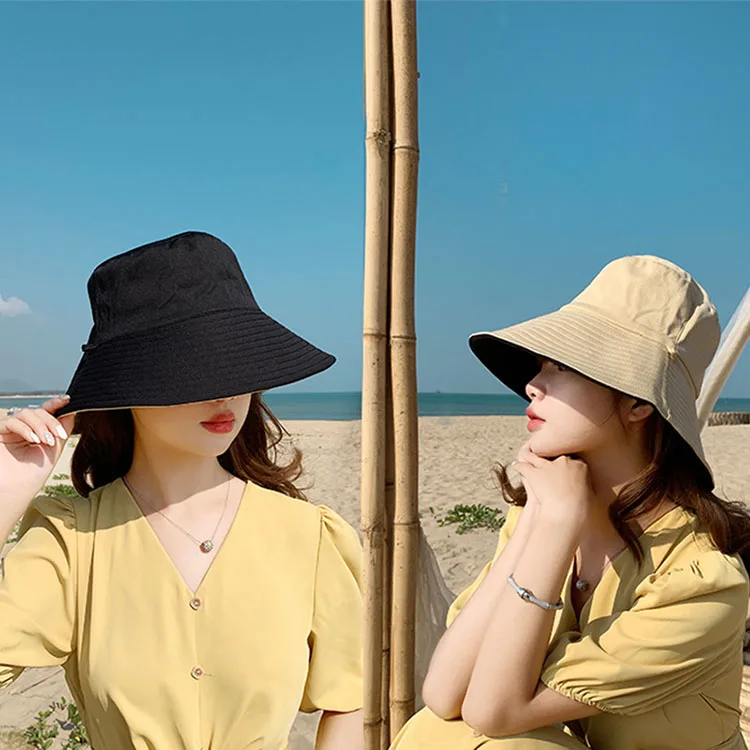 Summer big wide brim reversible blank plain black bucket hats women panama hat