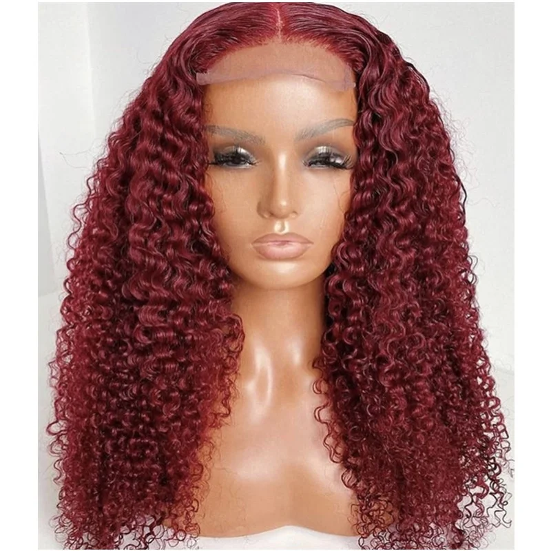 
Dark Wine Red High Quality Thick Deep Curly Human Hair Wigs 99J Color 4x4 Lace Closure Wig For Women 