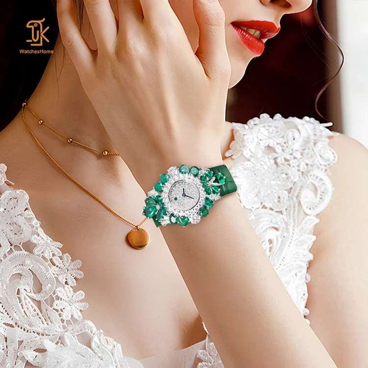 Senior Amazing Quartz Watches Elegance Label Fashionable trend design Quartz Diamond Silver Plated Moissanite Green Watch