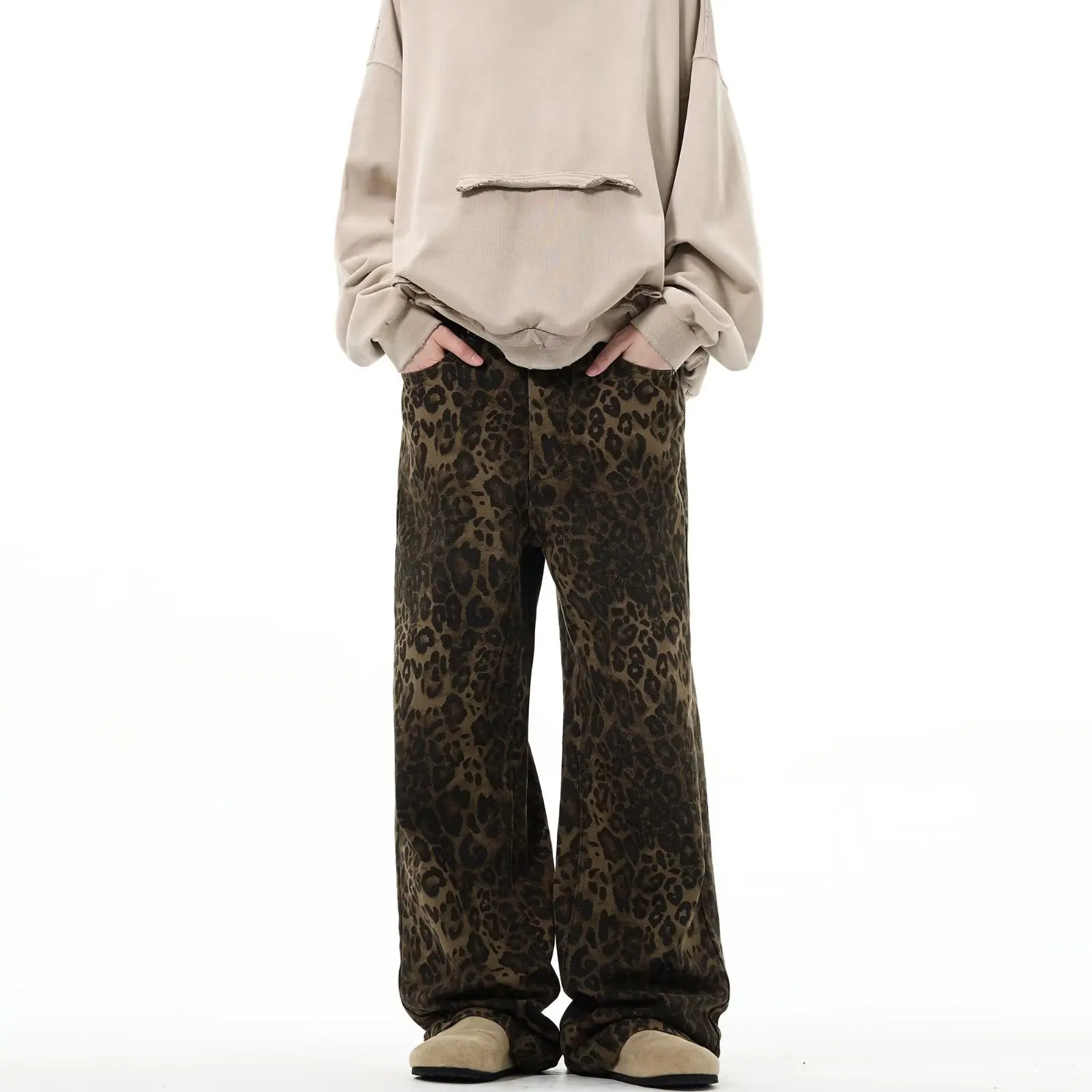 Fitspi Vintage Leopard Print Jeans Men Women Straight Loose Leisure Mop Trousers Men Wholesale