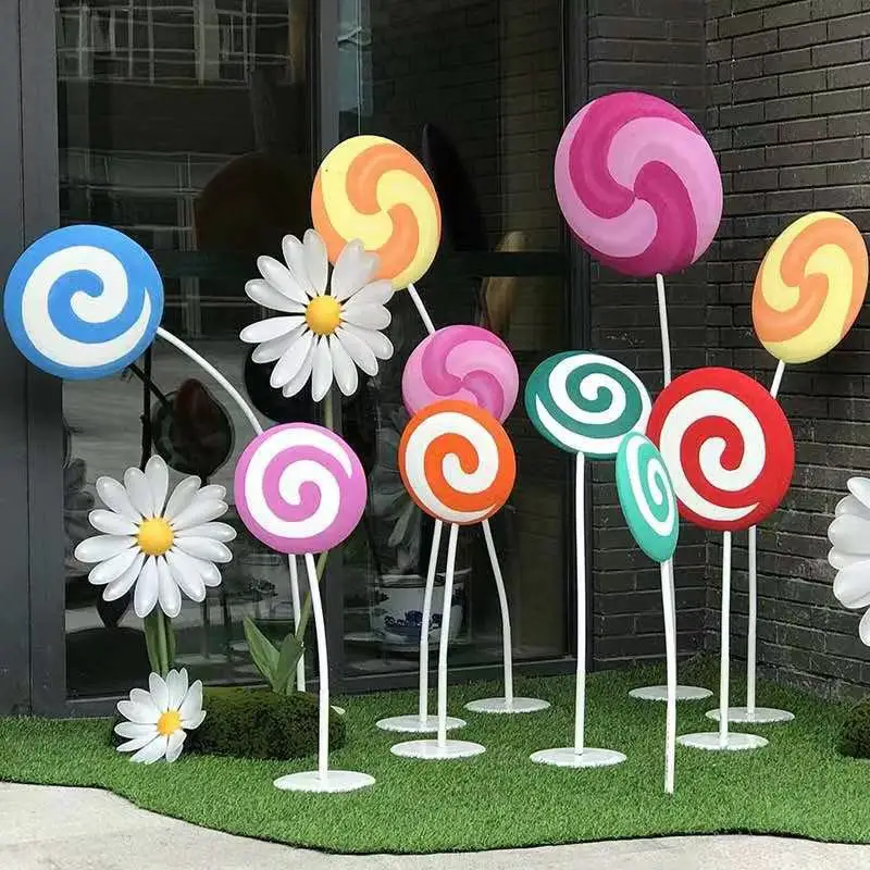Customized large foam fiberglass candy sculpture props giant lollipop candy donut statues candyland  for wedding